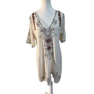Biya by Johnny Was White Embroidered Boho Tunic Medium Artisan Festival Top